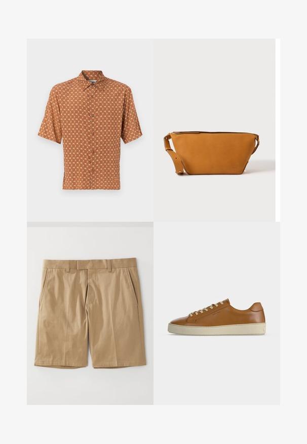 Kortærmet brændt orange skjorte med knapper, hvidt geometrisk loop-mønster og spids krave, vist på en hvid baggrund.; Khaki shorts med en glat, vævet tekstur, der har to sidelommer og en lige snit, designet med en flad talje og bæltestropper.; Lavtop brun læder sneaker med cremefarvede snørebånd og tyk cremefarvet gummisål vist i sideprofil på hvid baggrund.; Lys brun læder crossbody taske med justerbar rem og lynlås, vist mod en ensartet lys baggrund.