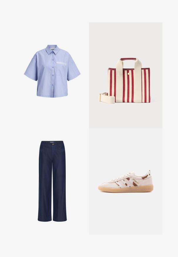 Lichtblauw overhemd met korte mouwen, knopen en dunne witte verticale strepen, met een klein borstzakje met witte streep details.; ICHI IHFlared - Flared Jeans - dark blue; Beige suède sneaker met lage schacht en gumzool, bruin-wit gestreept patroon, "SPEZIAL" in gouden letters aan de zijkant.; Rood-wit gestreepte stoffen draagtas met korte handvatten, leren afwerking en afneembare schouderriem op een witte achtergrond.