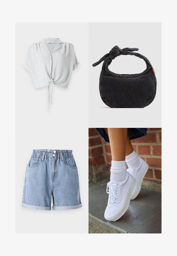 Grå og hvid stribet crop-top med knyt foran, knaplukning, korte ærmer og krave, lavet af letvægts materiale.; Lysblå denimshorts med elastisk talje, to frontlommer, opsmøgede kanter og dobbeltknaplukning. Glat tekstur, afslappet design.; Hvide lærreds sneakers med gummisåler, der har seks snørehuller, rund tå og let sømdetaljer, krydret med hvide ankelstrømper.; Lille sort denim skuldertaske med knyttet rem og lynlåslukning, med en rød Levi's stofetiket på siden.
