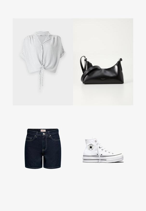 Grå og hvid stribet crop-top med knyt foran, knaplukning, korte ærmer og krave, lavet af letvægts materiale.; Mørkeblå denimshorts med en tætsiddende pasform, fem lommer, gyldne syninger og lukning med knap foran. Materialet har en glat tekstur.; Hvid højtop Converse Chuck Taylor All Star-sneaker med sort logo-patch og hvide snørebånd, vist på hvid baggrund.; Sort læderhåndtaske med en glat tekstur. Har en justerbar stropp og et enkelt, minimalistisk design med lynlås.