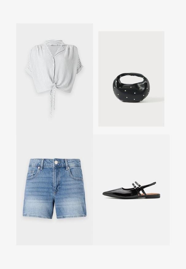 Grijs en wit gestreept cropped shirt met een strik aan de voorkant, knoopsluiting, korte mouwen en een kraag, gemaakt van lichte stof.; Lichtblauwe denimshorts met knoopsluiting aan de voorkant, ritssluiting, lussen voor een riem en voorzakken op een effen witte achtergrond.; Zwarte gepatineerde leren slingback schoenen hebben een spitse neus, twee banden met gespsieraden en een platte zool.; Zwarte leren handtas met een afgeronde vorm, versierd met zilveren studs, en een korte handgreep. Gladde textuur en ritsluiting.