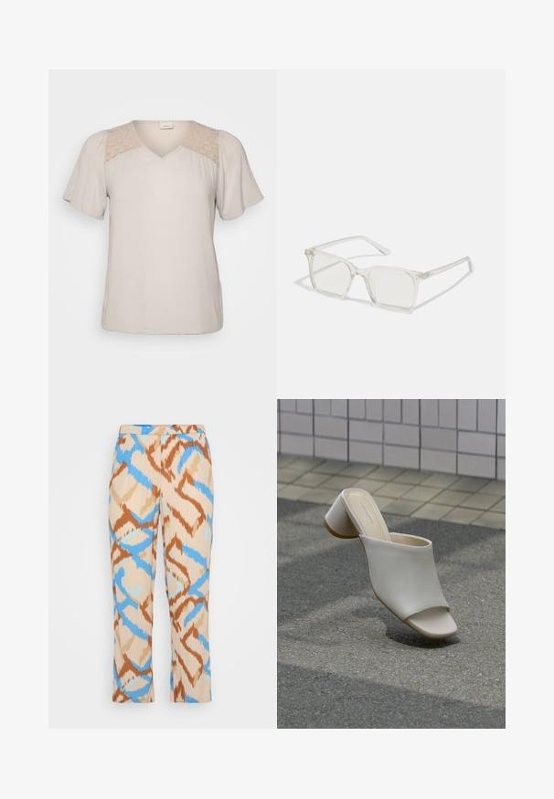 Blusa beige de manga corta con escote en V, que presenta un cuerpo texturizado y detalles de encaje en los hombros. Tejido suave con un corte relajado.; Pantalones con estampado en beige, con un diseño abstracto en azul y marrón. Fabricados con un material liviano y con un corte de pierna recta.; Un zapato mule blanco abierto en la punta con tacón ancho sobre suelo pavimentado cerca de una pared de azulejos, inclinado para mostrar vistas lateral y superior.; Gafas cuadradas de plástico transparente con lentes translúcidos, que cuentan con acentos dorados en las patillas para un detalle adicional.