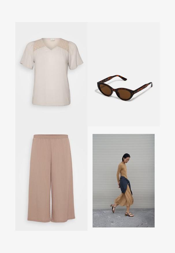 Beige blouse met korte mouwen en V-hals, met een gestructureerd lijfje en kantdetails op de schouders. Zacht materiaal met een ontspannen pasvorm.; Lichte, wijde broeken van zachte mauve stof met een elastische tailleband. Bevat een kreukbestendige textuur en eenvoudige omgestikte randen.; Vrouw die loopt in een lange beige jurk en zwarte sandalen, met een donker vest om haar heupen gestrikt, tegen een achtergrond van een gesloten rolluik.; Bruine schildpad zonnebril met een vintage cat-eye vorm en bruine lenzen. Heeft gebogen armen met rode accenten.