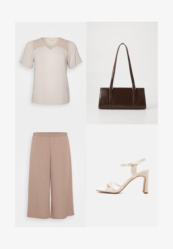 Beige kortærmet bluse med V-hals, præget af en tekstureret krop og blonder på skuldrene. Blødt stof med en løs pasform.; Lettere, vide bukser i blødt mauve stof med elastisk talje. Har en krølfri tekstur og enkle kantede kanter.; Beige højhælet sandal med tre tynde frontstropper, ankelrem med guldlås og blokkthæl på hvid baggrund.; Brun lakeret håndtaske med rektangulær form, to lange håndtag og subtile buede detaljer på fronten.