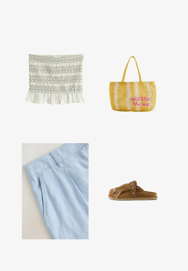 Haut tube en tissu blanc avec texture smockée, motifs de couture horizontale noire et ourlet à volants en bas.; Shorts en lin bleu clair avec un design plissé, dotés d'une taille et de détails de couture. Texture lisse et style décontracté.; Sandale à enfiler en daim marron avec une bride tressée, des clous dorés et un détail à franges sur une semelle rainurée, vue de profil.; Sac fourre-tout tissé à rayures jaunes et blanches avec deux poignées et texte rose brodé "wild like the sea" à l'avant.