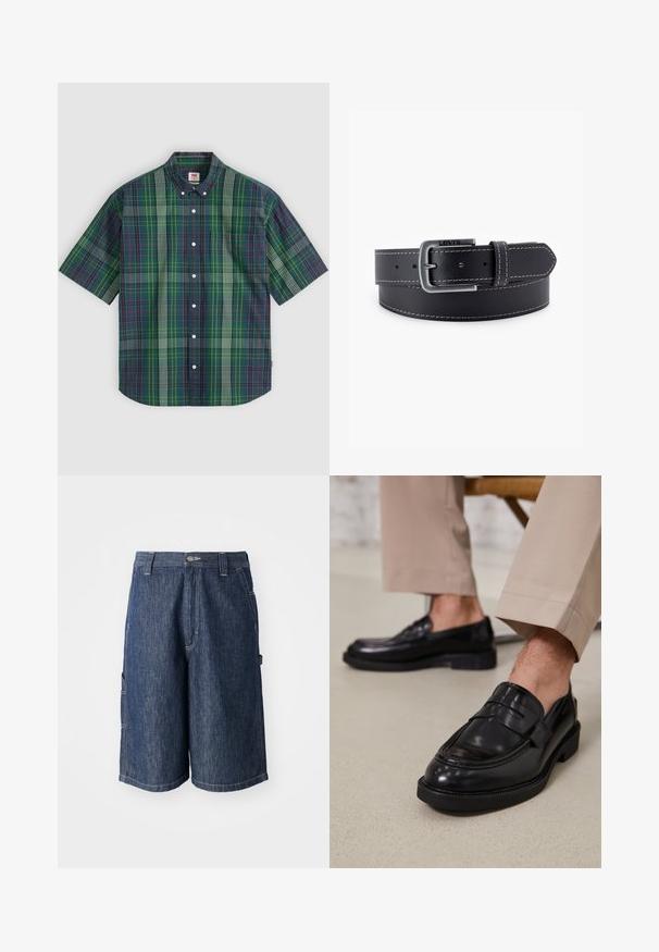 Kurzärmeliges Hemd mit Knopfleiste, grün-blau-weiß-rotem Karomuster, einer Brusttasche vorne und einem Button-down-Kragen.; Dunkelblaue Denim-Shorts mit geradem Schnitt, fünf Taschen und sichtbaren Nähten. Mit Knopfverschluss und Gürtelschlaufen.; Schwarze Lederloafers mit glatter Oberfläche, ausgestattet mit einem dekorativen Riemen und Kontrastnähten, kombiniert mit beigen Hosen.; Schwarzer Ledergürtel mit einer silberfarbenen Metallschnalle, kontrastierender weißer Naht und glatter Oberfläche. Verfügt über mehrere Einstelllöcher.