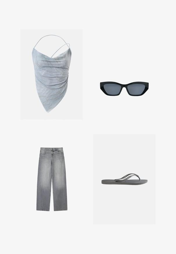Hellblaues asymmetrisches Neckholder-Top mit dünnen Trägern, verziert mit kleinen goldenen und silbernen runden Nieten in einem verstreuten Muster.; Graue Denim-Jeans mit weitem Bein und leicht ausgewaschenem Finish, ausgestattet mit fünf Taschen, einem frontalen Knopfverschluss und Gürtelschlaufen.; Flache graue Flip-Flop-Sandale mit strukturiertem Fußbett und dünnen Y-förmigen Riemen, von der Seite vor einem schlichten hellen Hintergrund gezeigt.; Schwarze Katzenaugen-Sonnenbrille mit dicken Rahmen und dunkel getönten Gläsern, vor weißem Hintergrund gezeigt.