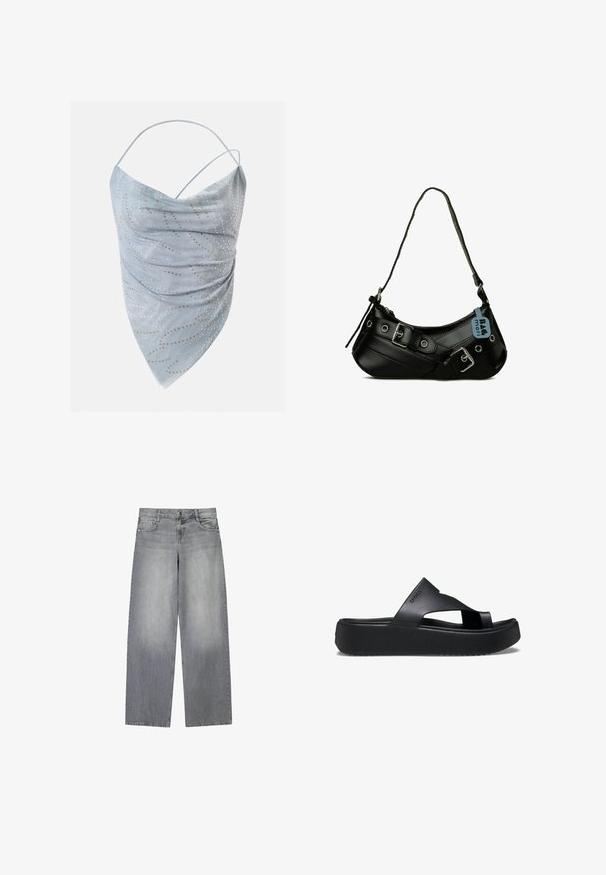 Hellblaues asymmetrisches Neckholder-Top mit dünnen Trägern, verziert mit kleinen goldenen und silbernen runden Nieten in einem verstreuten Muster.; Graue Denim-Jeans mit weitem Bein und leicht ausgewaschenem Finish, ausgestattet mit fünf Taschen, einem frontalen Knopfverschluss und Gürtelschlaufen.; Schwarze Plattform-Flip-Flops mit einer strukturierten Gummisohle, die ein Kreuzriemen-Design und eine matte Oberfläche aufweisen. Das Markenlogo ist dezent an der Seite angebracht.; Schwarze synthetische Handtasche mit geschwungener Form, verstellbarem Riemen und dekorativen Metall-Schnallen. Besitzt eine glatte, glänzende Textur.