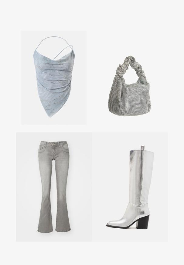 Lyseblå asymmetrisk halternecktop med tynde stropper, prydet med små gyldne og sølvfarvede cirkler i et spredt mønster.; Grå flagrende jeans med en middelhøj talje, frontlommer og knaplukning, lavet af denimstof med en glat tekstur.; Knæhøje sølvfarvede læderstøvler med firkantet tå, fremhævet af en skinnende metalfinish og en robust sort blokhæl.; Hey Kyla Håndtasker - silber