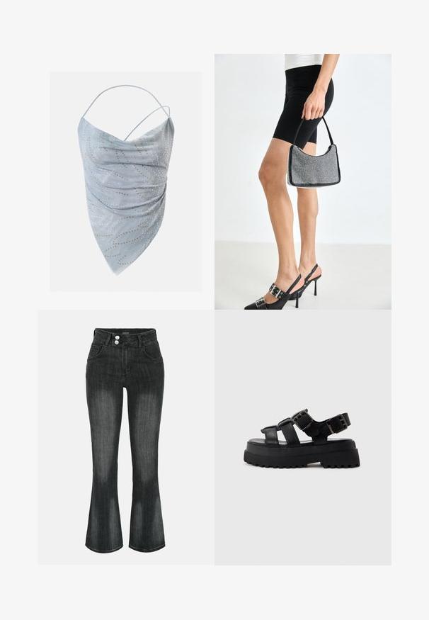 Haut asymétrique bleu clair à licou avec fines bretelles, agrémenté de petits clous ronds dorés et argentés disposés en motif dispersé.; Jean en denim noir délavé à taille haute, fermeture double bouton, poches avant et jambes légèrement évasées.; Sandale plateforme noire avec semelle épaisse, trois brides en cuir et deux fermetures à boucle argentées, vue de côté sur un fond gris.; Sac à main à perles noires avec une silhouette courbée, une poignée de transport et une texture brillante. Porté avec des chaussures à talons hauts noires et un short noir ajusté.
