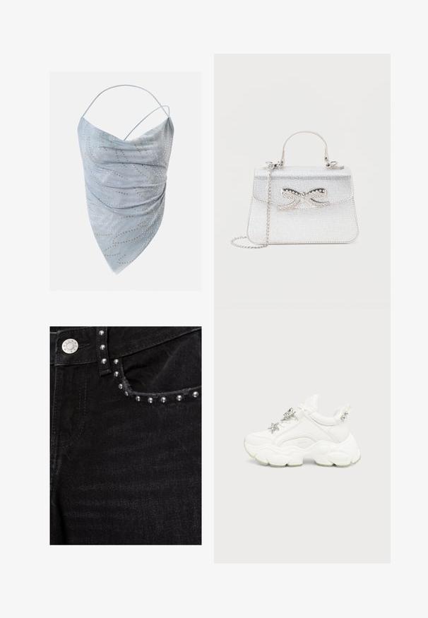 Haut asymétrique bleu clair à licou avec fines bretelles, agrémenté de petits clous ronds dorés et argentés disposés en motif dispersé.; Poche de jean en denim noir avec des clous métalliques argentés le long du bord et une fermeture à bouton argenté à la taille.; Baskets blanches épaisses avec semelle texturée épaisse, étoile et décorations papillon argentées sur les lacets blancs, et clous argentés sur la languette du talon.; Petit sac à main argenté avec une anse supérieure, une bandoulière chaîne et un nœud décoratif avec des strass sur le rabat avant.