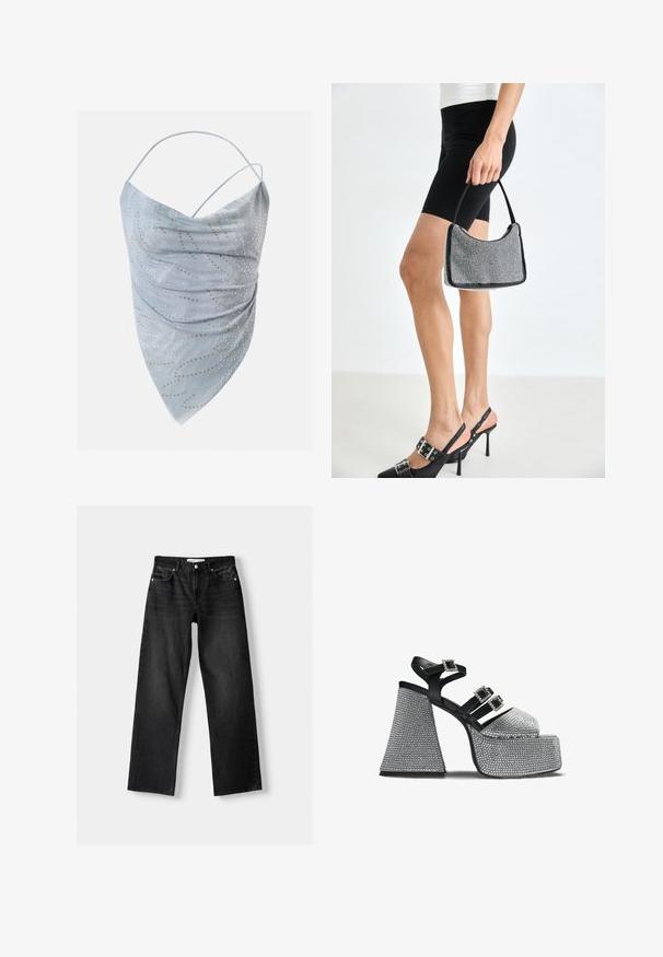 Lyseblå asymmetrisk halternecktop med tynde stropper, prydet med små gyldne og sølvfarvede cirkler i et spredt mønster.; Bershka Jeans Straight Leg - mottled dark grey; Sort og sølv platform sandal med tre rhinstenbesatte spænderemmen og en bred, tekstureret blokhæl.; Sort perlehandtaske med en buet silhuet, bærehåndtag og blank overflade. Båret med højhælede sorte sko og tætsiddende sorte shorts.