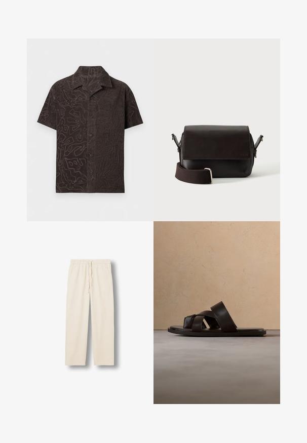 Camisa de manga corta marrón oscuro con botones, con patrones florales abstractos texturizados y un cuello campestre, mostrada sobre una superficie plana.; Pantalones beige con cintura elástica, cordón ajustable y bolsillos laterales, corte de pierna recta, mostrados sobre un fondo blanco y plano.; Sandalia deslizante de cuero negro con tres tiras cruzadas, suela plana y textura suave, suspendida sobre una alfombra de fibra natural tejida.; Bolso bandolera de cuero marrón oscuro con cierre de solapa y correa de tela ajustable sobre fondo blanco.