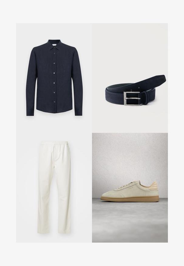 Chemise bleu marine foncé à manches longues avec col classique et boutons visibles sur le devant, posée sur un fond neutre.; Pantalons en coton blancs avec une taille élastique et une conception à jambe droite, présentant une texture lisse et sans motifs ni accents visibles.; Baskets en daim beige avec semelle en caoutchouc texturée couleur gomme. Elles présentent des lacets plats, un bout arrondi et un logo discret sur le côté. Col légèrement rembourré.; Ceinture en daim bleu foncé roulée avec une boucle rectangulaire en argent gravée de "BOSS" sur un fond clair uni.