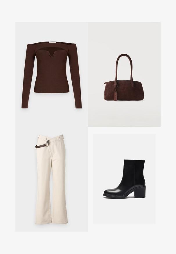 Pruun soonikkoega pika varrukaga pluus off-shoulder disainiga ja V-kujuline kaelus, millel on tekstuuriga ja keha järgnev siluett.; Pinko PAINT PANTALONE - Püksid - beige betulla; Mustmustelged mustad nahast pahkluu saapad ümara toe ja kvadraatsete kontsadega. Sile tekstuur, puhtad jooned ja minimaalne õmbluse detail.; Tumepruun seemisnahast käekott kahe pika sangaga ning väikese lisatud sildiga, heleda ühevärvilise taustaga.