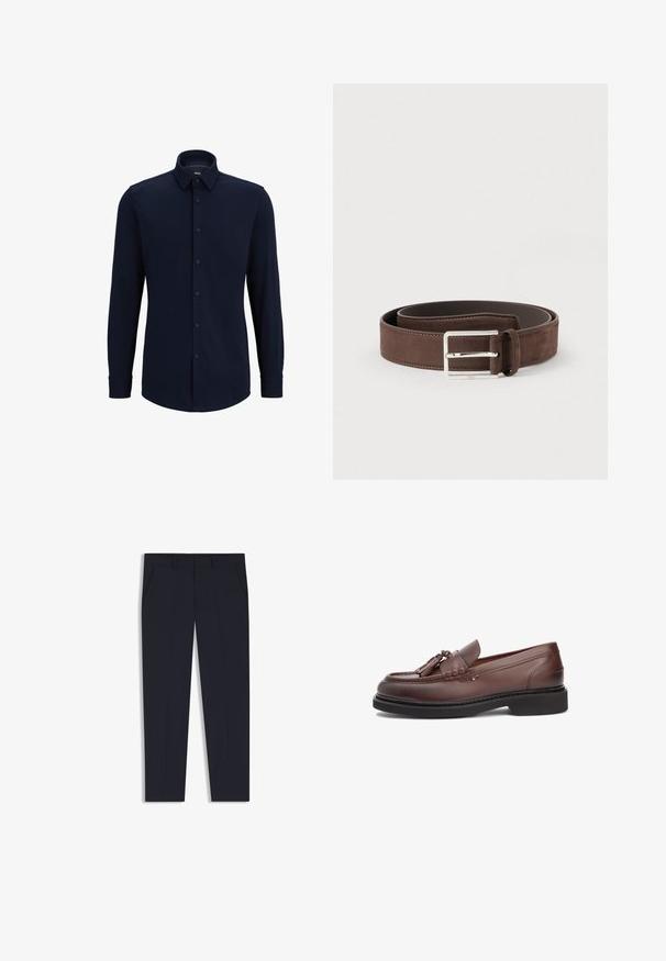 Chemise à manches longues bleu marine, boutonnée, en tissu tissé, avec un col classique, une coupe droite et une fermeture à boutons sur le devant.; Pantalon marine à coupe ajustée, avec deux poches avant, un design à plat et une texture lisse. Sans motifs ni ornements visibles.; Mocassins en cuir marron à texture lisse, ornés de pampilles et de coutures décoratives sur une semelle en caoutchouc noire. Design classique.; Ceinture en daim marron à la texture lisse, avec une boucle en métal argenté et un design simple. Dispose d'une doublure en cuir et de détails de couture.