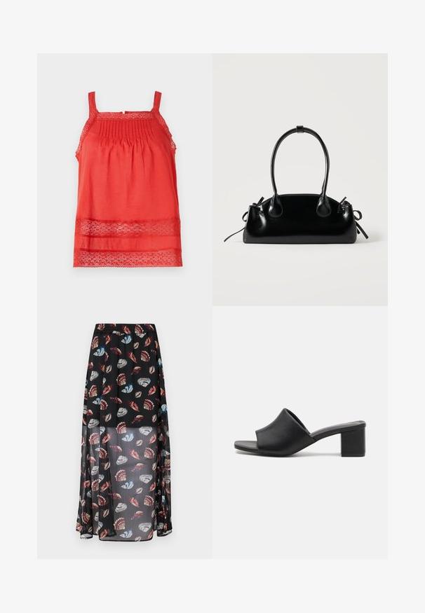 Top sin mangas de color rojo, confeccionado en tejido liviano, que presenta plisados en la parte superior del cuerpo y detalles de encaje a lo largo del dobladillo y las tirantes.; Falda maxi negra y semitranslúcida con cintura elástica, que presenta un estampado de conchas y mariposas multicolores. Tejido ligero y fluido.; Mulas de tacón cuadrado de cuero negro con punta abierta, que presentan una superficie lisa y una parte superior ligeramente curvada para mayor comodidad y estilo.; Pequeño bolso negro brillante con dos asas largas y detalles de cordón lateral sobre un fondo claro liso.