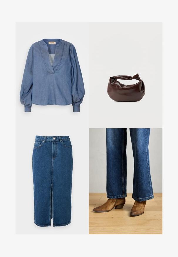 Lys blå denimbluse med dyb V-hals, ballonærmer og en afslappet pasform. Har struktureret syning langs halsudskæringen og manchetterne.; Mid-lang blå denimnederdel med frontcenter slids, bæltestropper, forlommer og knaplukning i taljen.; Brune suede ankelstøvler med spids tå og en lille hæl, parret med mørkeblå flared jeans, på et trægulv.; Mørkebrun læder skuldertaske med en blød, afslappet form og et snoet knudehåndtag på en ensartet hvid baggrund.