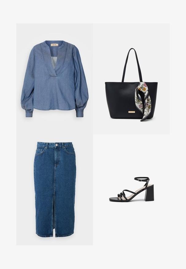 Helles blaugraues Denim-Bluse mit tiefem V-Ausschnitt, Ballonärmeln und lockerer Passform. Verfügt über strukturierte Nähte entlang des Ausschnitts und der Ärmelbündchen.; Midilanger blauer Denimrock mit mittigem Frontschlitz, Gürtelschlaufen, Vordertaschen und Knopfverschluss in der Taille.; Schwarze Absatzsandalen mit mehreren dünnen Riemen, quadratischer Zehenpartie und Blockabsatz, ausgestattet mit einem verstellbaren Knöchelriemen. Glatte Lederstruktur.; Schwarze Leder-Umhängetasche mit zwei Schulterriemen, versehen mit einem floralen Seidenschal, der am Griff gebunden ist, sowie einem metallischen Logoakzent auf der Vorderseite.