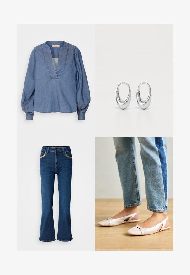 Lys blå denimbluse med dyb V-hals, ballonærmer og en afslappet pasform. Har struktureret syning langs halsudskæringen og manchetterne.; Mørkeblå brede jeans med en glat denimoverflade, kontrasterende gyldne syninger og forlommer. Klassisk fem-lomme design.; Lyserøde slingback flade sko med spidse tær, lavet af et glat læderlignende materiale. Har udskæringsdetaljer på siderne og en flad hæl.; Sølv hoops øreringe med en buet, tårnformet skulptur og poleret finish. Har en sikker lås og glat overflade.