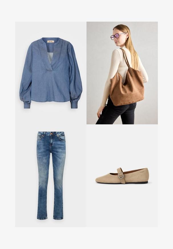 Helles blaugraues Denim-Bluse mit tiefem V-Ausschnitt, Ballonärmeln und lockerer Passform. Verfügt über strukturierte Nähte entlang des Ausschnitts und der Ärmelbündchen.; Helle blaue Denim-Jeans mit geradem Bein, ausgestattet mit einem Frontknopfverschluss, fünf Taschen und dezenten Ausbleichungen.; Beige Wildleder Mary Jane Ballerinas mit spitzer Zehe und einem verstellbaren Riemen mit einer silbernen Schnalle. Schwarze flache Sohle.; Braune Wildleder-Tasche mit weicher Textur, großer Öffnung und langen Trägern. Sie verfügt über ein simples Design mit sichtbarem Stich und ohne Beschläge.