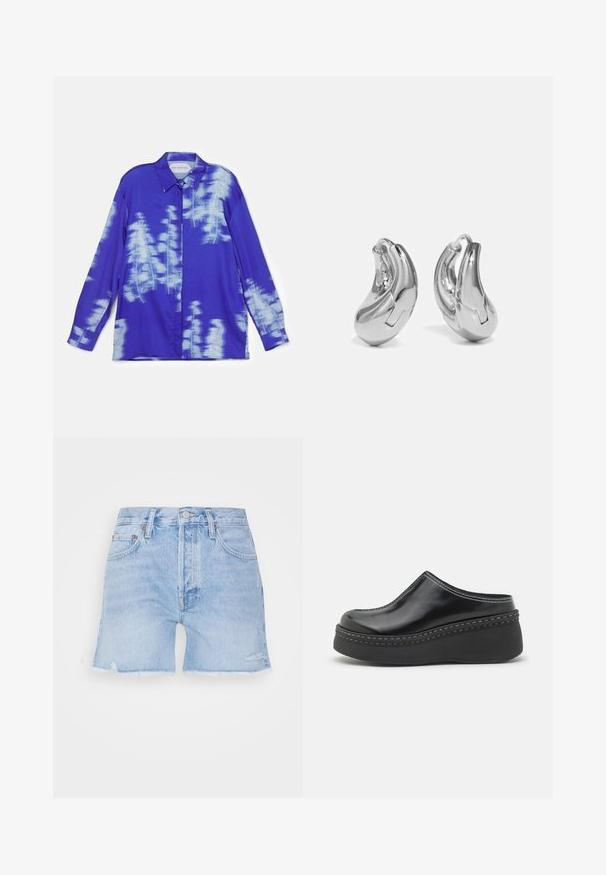 Fête Impériale ALICE - Bluse - blue; Hellblaue Denim-Shorts mit fransigem Saum. Mit klassischem Fünf-Taschen-Design, Knopfverschluss und leichtem Used-Look.; Schwarze, glänzende Plateauclogs mit runder Spitze, geschwungenem Oberteil und kontrastierendem weißen Stich entlang der Kante der Sohle.; Silberne Creolen mit einer gebogenen, glänzenden Oberfläche und einem nahtlosen Design. Verfügt über einen Scharnierverschluss für sicheren Halt.