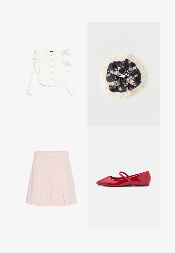 Blusa blanca de manga larga con mangas abullonadas, cuello clásico, cierre frontal con botones y sutiles detalles florales en los botones. Textura de tela lisa.; Falda plisada de color rosa claro con cintura ajustada. Confeccionada en un tejido suave, presenta pliegues definidos y una textura suave.; Zapatillas tipo ballet de charol rojo con punta puntiaguda, correa en el tobillo y pequeño adorno redondo en la correa. Suela plana y textura suave.; Coletero de tela negra con estampado floral en rosa y verde, rodeado de un borde de encaje crema con detalles de ojales, sobre fondo blanco.