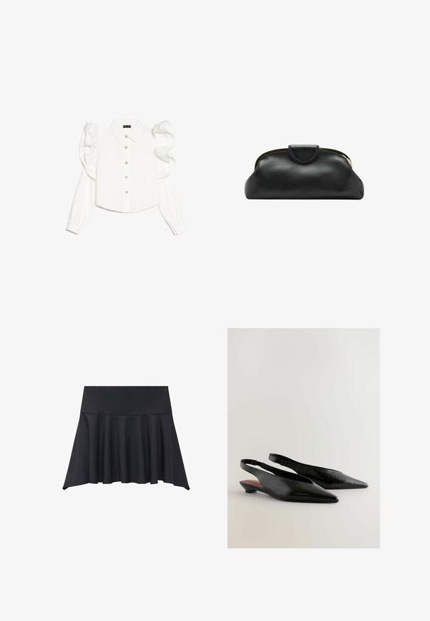 Blouse blanche à manches longues avec manches bouffantes, col classique, fermeture à boutons sur le devant et discrètes décorations florales sur les boutons. Tissu à texture lisse.; Mango Jupe trapèze - grey; Des chaussures à talons ouverts noires avec un design à bout pointu, présentant une surface texturée et un petit talon carré. L'intérieur a un accent marron.; Pochette en cuir noire avec armature métallique dorée et fermeture pression sur fond blanc.