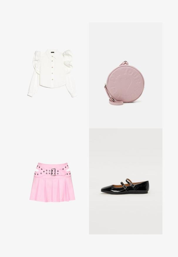 Blouse blanche à manches longues avec manches bouffantes, col classique, fermeture à boutons sur le devant et discrètes décorations florales sur les boutons. Tissu à texture lisse.; Mini-jupe plissée rose avec large ceinture double couche, boucle argentée et plusieurs œillets pour fixation et décoration.; Ballerine plate en cuir verni noir avec un bout pointu, deux brides ajustables avec boucles, et une semelle plate. Texture lisse avec une finition brillante.; Sac en cuir rose rond avec texte embossé et motif de cœur, doté d'une bandoulière amovible et d'une texture lisse.