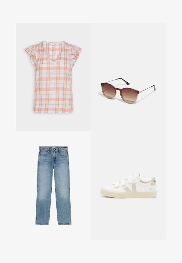 GAP FLUTTER - Blusa - pink plaid; Vaqueros de mezclilla azul claro con un diseño de pierna recta, que presentan cinco bolsillos, un cierre de botón y un ligero desvanecimiento en la parte delantera.; Zapatillas blancas con correas de velcro, detalles de ante en beige, suela de goma texturizada y logo V en gris. Diseño minimalista, forma redondeada.; Gafas de sol redondas con lentes de gradiente marrón, una montura de acetato carey y acentos de metal dorado en el puente y las patillas.