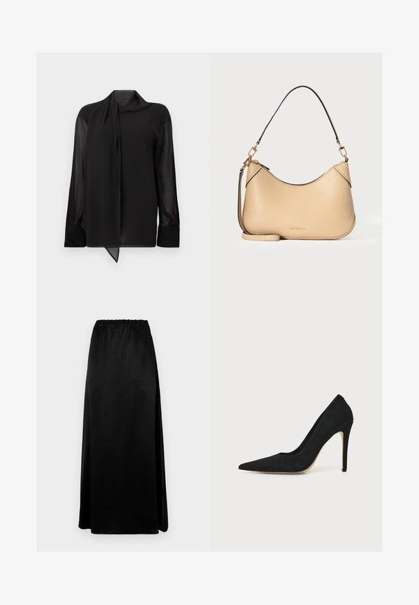 Blouse noire en tissu lisse et transparent. Dotée d'un col drapé et de manches longues avec poignets boutonnés. L'ourlet est pointu à l'avant.; Jupe longue noire avec une texture lisse et froissée, dotée d'une taille élastique. Présente une fente sur le côté pour plus de liberté de mouvement et une silhouette élégante.; Escarpin stiletto noir à talon haut avec bout pointu et texture lisse, présenté de profil sur un fond clair uni.; Sac à bandoulière en cuir beige avec bandoulière détachable, ferrures dorées et ouverture zippée sur le dessus, affichant un logo subtil de la marque au centre devant.