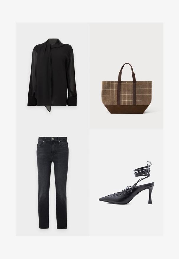 Sort bluse i glat, gennemskinneligt stof. Har en draperet krave og lange ærmer med manchetter med knapper. Kanten er spidset foran.; Sorte denimjeans med lige ben, der har knaplukning, fem lomme-design og subtile sømdetaljer.; Sort spids tå højhælet sko med omsluttende ankelremme og flere snørehuller foran til snøring.; Brun og beige ternet tote bag med mørkebrun bund og håndtag, der står oprejst på en ensfarvet hvid baggrund.