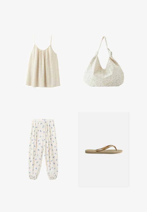 Haut ample sans manches de couleur crème, avec de fines bretelles spaghetti et un encolure froncée, confectionné dans un tissu léger à texture.; Pantalon ample couleur crème avec motif floral bleu, froncé à la taille et avec des poignets élastiques aux chevilles.; Tongs beige avec semelle texturée et brides métalliques bronze en forme de Y sur fond blanc uni.; Sac à épaule en tissu couleur crème avec broderie florale à œillets et une seule bandoulière souple.