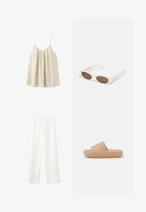 Haut ample sans manches de couleur crème, avec de fines bretelles spaghetti et un encolure froncée, confectionné dans un tissu léger à texture.; Pantalon blanc ample avec taille élastique, jambes larges droites, et texture de tissu lisse, présenté sur un fond uni.; Sandale glissante beige avec une large sangle texturée et une semelle arrondie. Présente une finition lisse et un dessous cranté pour une meilleure adhérence.; Lunettes de soleil crème avec des verres en forme ovale, teintés de brun, dotées d'une finition brillante et d'un discret logo "Vogue" sur le côté.