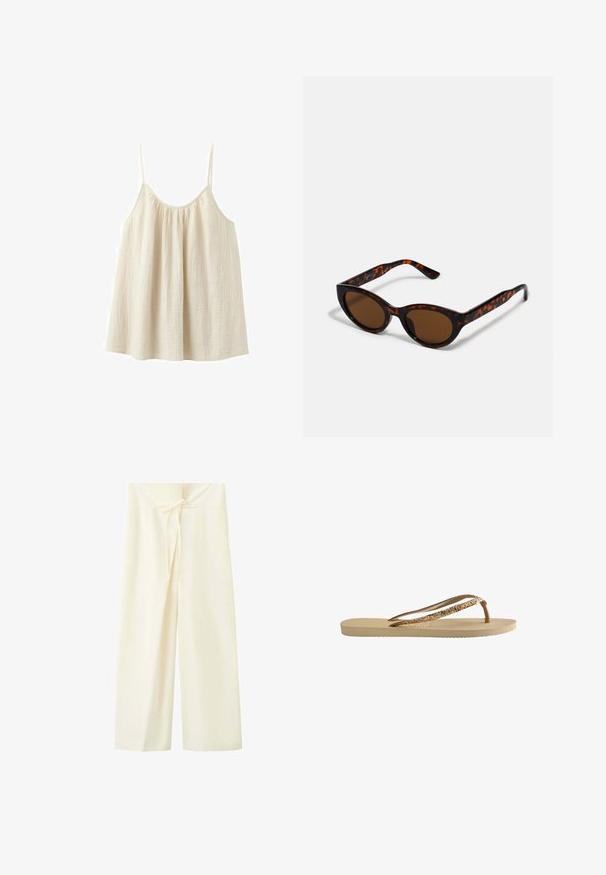 Top holgado sin mangas de color crema con finas tirantes tipo espagueti y escote fruncido, hecho de una tela ligera y texturizada.; Pantalones de pierna ancha de color crema con cintura alta y detalle de lazo delantero en la pretina.; Chanclas con una suela texturizada beige, finas tiras marrones y acentos de purpurina dorada. Diseño ligero adecuado para uso casual.; Gafas de sol de carey marrón con una forma vintage de ojo de gato y lentes marrones. Presentan brazos curvados con acentos rojos.