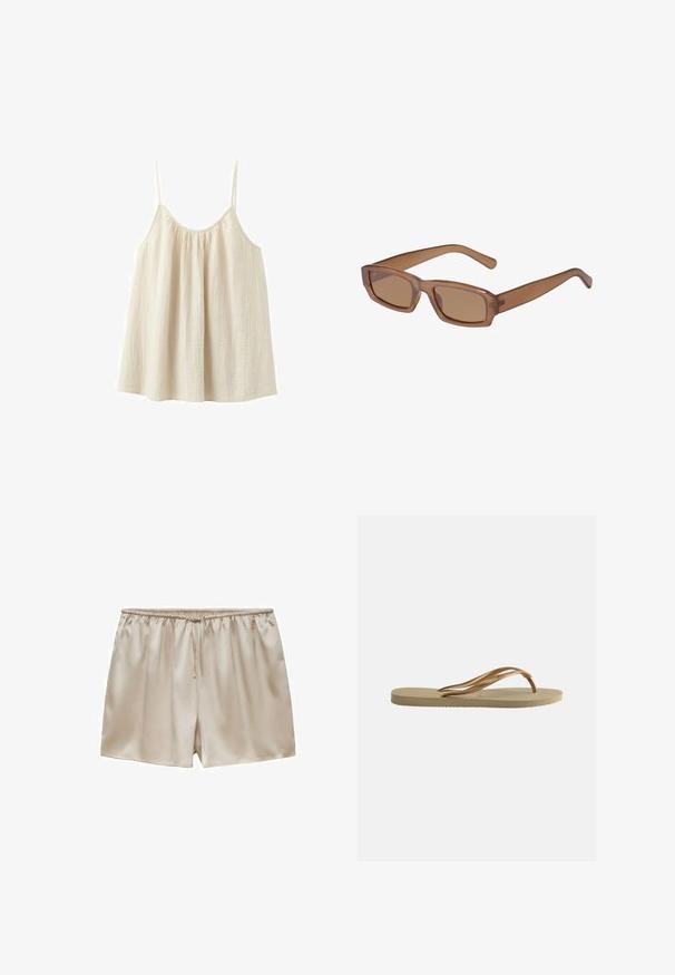 Losse, mouwloze crèmekleurige top met dunne spaghetti-bandjes en een geplooide halslijn, gemaakt van een lichtgewicht, gestructureerde stof.; Beige satijnen shorts met elastische tailleband en trekkoord, gladde textuur, ontspannen pasvorm en korte lengte.; Beige teenslipper met gestructureerde zool en bronzen metalen Y-vormige banden op een witte effen achtergrond.; Bruine, rechthoekige zonnebril met een transparant montuur, slanke pootjes en getinte lenzen, met een gladde textuur en modern ontwerp.