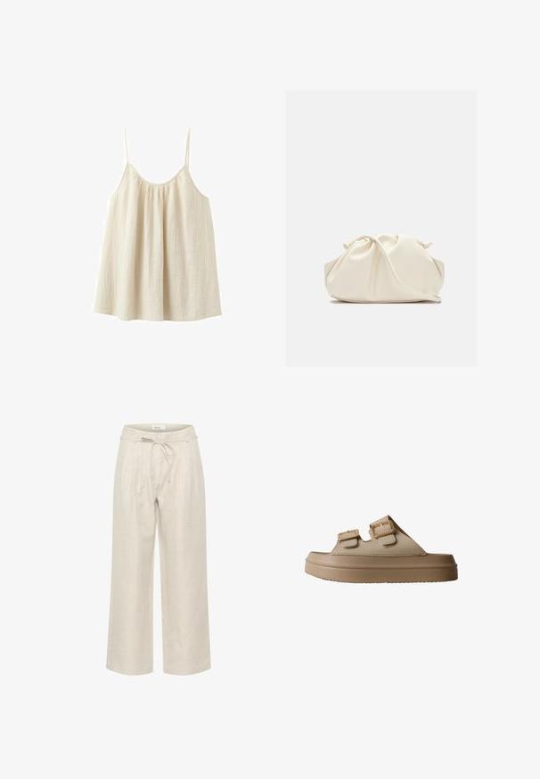 Top holgado sin mangas de color crema con finas tirantes tipo espagueti y escote fruncido, hecho de una tela ligera y texturizada.; Pantalones de lino beige de pierna ancha con cinturilla de cordón y pliegues frontales, con una textura suave y corte a la altura del tobillo.; Sandalia deslizante beige con dos tiras anchas, cada una con una hebilla dorada, sobre una suela gruesa y con textura.; Bolso de mano de cuero suave de color crema con diseño fruncido y plisado y una delgada correa para el hombro que descansa delante sobre un fondo liso.