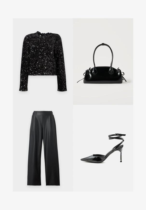 Top negro con lentejuelas que presenta mangas largas y un diseño corto. Un lazo de cinta de seda en el escote añade detalle a la tela texturizada.; Pantalones anchos de cuero sintético negro con cintura alta, detalles de botones en la cintura y pliegues delanteros.; Tacón stiletto de charol negro con punta puntiaguda, tiras finas en el tobillo y cierre pequeño de hebilla.; Pequeño bolso negro brillante con dos asas largas y detalles de cordón lateral sobre un fondo claro liso.