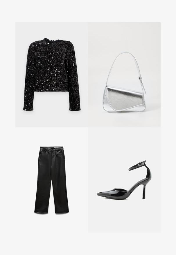 Top negro con lentejuelas que presenta mangas largas y un diseño corto. Un lazo de cinta de seda en el escote añade detalle a la tela texturizada.; Pantalones de pierna ancha de cuero sintético negro con bolsillos frontales, trabillas para cinturón y un brillo sutil. Textura suave y ajuste entallado.; Zapato de tacón alto de charol negro con punta puntiaguda, correa en el tobillo y hebilla plateada, tacón de aguja, vista lateral sobre fondo liso.; Bolso de mano metálico plateado con forma triangular, textura suave y una fina correa de hombro ajustable. Presenta un diseño plegable con costuras.