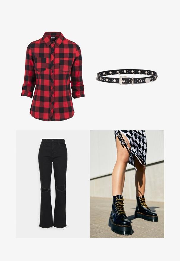 Rød- og sortternet flannel skjorte, lange ærmer med opsmøgede manchetter, spidse krave, to brystlommer, knaplukning fortil, blød tekstur.; Hollister Co. Jeans Skinny Fit - black; Sorte læder platform støvler med chunky såler, guld snørebånd og orange syninger, kombineret med en ternet nederdel med en sideslids.; Sort læderbælte med sølvspænde, flere metaløjer og jævnt fordelt pigge langs hele længden, designet som et modeaccessory.
