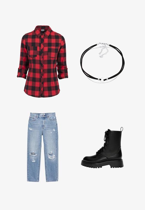 Rød- og sortternet flannel skjorte, lange ærmer med opsmøgede manchetter, spidse krave, to brystlommer, knaplukning fortil, blød tekstur.; Lyseblå jeans med lige ben, slidte huller på begge ben, fem-lommer-stil og knaplukning i taljen.; Sorte snørebånd ankelstøvler lavet af syntetisk læder, med en kraftig sål, trækstrop og fremtrædende syninger.; Elli CHOKER - Halskæder - silberfarben