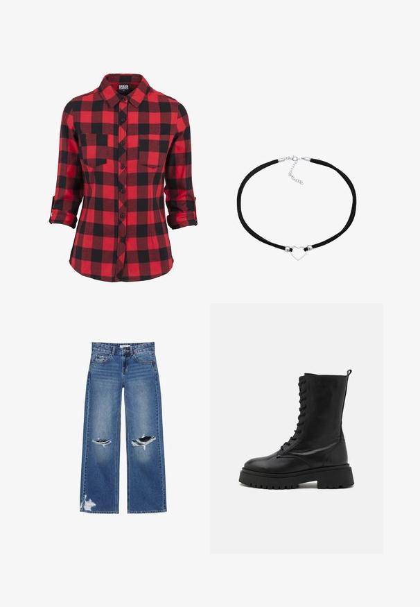 Rød- og sortternet flannel skjorte, lange ærmer med opsmøgede manchetter, spidse krave, to brystlommer, knaplukning fortil, blød tekstur.; Blå jeans med lige ben og slidte huller på begge knæ samt et lille revne nær den nederste venstre buksekant.; Sort læderkamp støvle med snørebåndsfront, rund tå, kraftig sål og hæklet ved bagenden. Teksturfinish og solid konstruktion.; Sort faux suede choker med en sølv hjertevedhæng i midten, der har runde metal accenter og et spænde med en forlængerkæde.