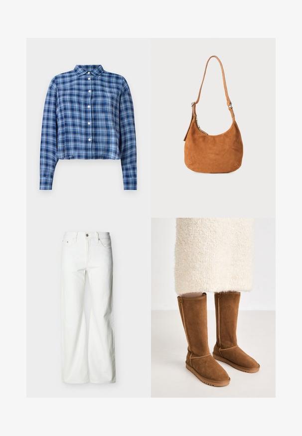 Blauwe en zwarte geruite langemouwen cropped blouse met puntige kraag en witte knopen aan de voorkant op een witte achtergrond.; Witte jeans met rechte pijpen en hoge taille, voorzien van een knoopsluiting aan de voorkant, rits, en zij- en achterzakken, tegen een effen lichte achtergrond.; Knee-high bruine suède laarzen met een gladde textuur, voorzien van zijstiksels en een rubberen zool voor grip.; Tan suède schoudertas met een gebogen ontwerp, verstelbare schouderriem, metalen rits en een geperst logo op de voorkant.