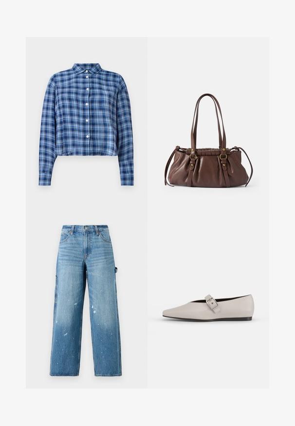 Blå og sort ternet langærmet cropped skjorte med spidse kraver og hvide knapper ned ad fronten på en hvid baggrund.; Lysblå denim cargo jeans med brede ben, falmede sektioner og malersprøjt detalje. Har sidelommer og knaplukning.; Beige læder flad sko med spidse tæer, en sidelukning som accent og en lav sort sål. Glat tekstur og minimalistisk design.; Brun læderhåndtaske med to lange håndtag, samlet design, aksenter i guldtonet metal og en tekstureret overflade.