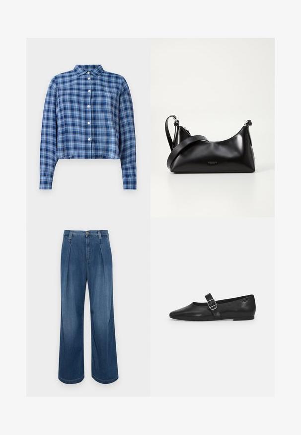 Blå og sort ternet langærmet cropped skjorte med spidse kraver og hvide knapper ned ad fronten på en hvid baggrund.; Bredde denimbukser i mellemblå vask. Har en knaplukning, to for-pleats og kontrasterende syninger. Blød tekstur og glat finish.; Sorte læder flade sko med rund tå, et enkelt justerbart spænde og en glat, blank overflade. Minimalistisk design med en lav hæl.; Sort læderhåndtaske med en glat tekstur. Har en justerbar stropp og et enkelt, minimalistisk design med lynlås.