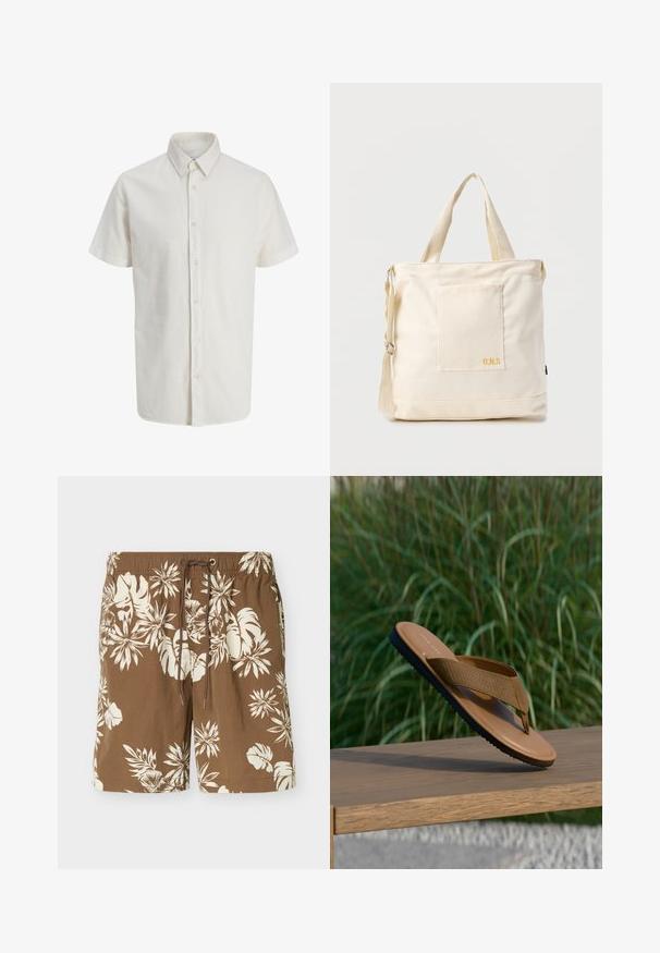 Chemise blanche à manches courtes avec col pointu et sept boutons visibles sur le devant.; Short de bain marron avec imprimé floral tropical blanc et taille ajustable avec cordon.; Sandale tong marron avec bride texturée et semelle noire, posée sur le bord d'un banc en bois, plantes vertes floues en arrière-plan.; Sac fourre-tout en toile crème avec poche avant, deux poignées, bandoulière réglable et petit texte jaune "O.N.S" en bas à droite de la poche.