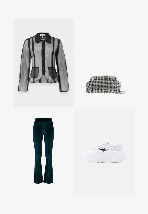 Schwarze, transparente Jacke mit langen Ärmeln, strukturiertem Kragen, sechs Knöpfen und zwei vorderen Taschen. Verfügt über ein vertikales Streifenmuster und eine taillierte Passform.; Türkisfarbene Schlaghose aus weichem Samtstoff mit hohem Bund und glatter Textur, die sich zum Saum hin verjüngt und leichte Öffnungen aufweist.; Weißer klobiger Sneaker mit Mesh- und Lederobermaterial, dicker Sohle, metallisch-silbernem Detail und „Karl Lagerfeld“-Branding an der Seite.; Reiss ADALINE EMBELLISHED - Clutch - silver coloured