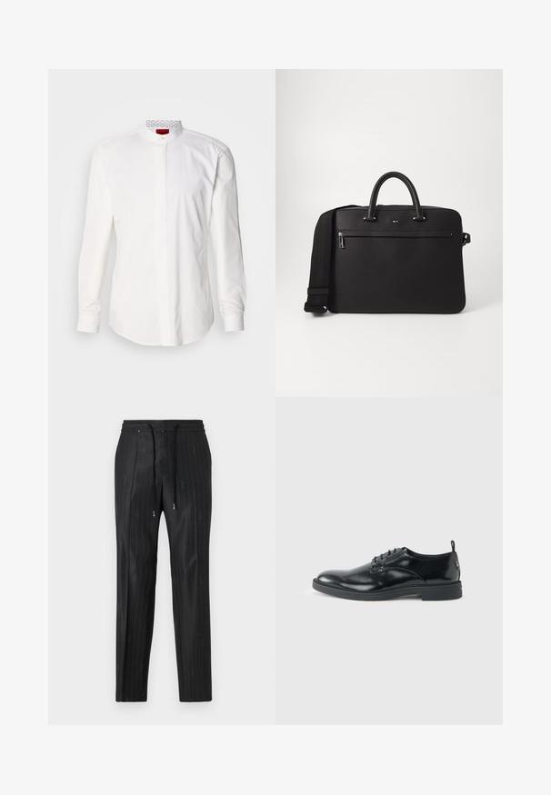 Camisa blanca de manga larga con cuello alto, confeccionada en algodón. Presenta una tapeta frontal, diseño minimalista y una sutil marca en el interior del cuello.; Pantalones negros de rayas finas hechos de una tela elegante, con una cómoda cinturilla elástica y detalles de cordón. Presentan un discreto logotipo.; Zapato de vestir negro de cuero brillante con tacón bajo, cierre de cordones y puntera redonda, mostrado de lado sobre un fondo claro y liso.; Bolso de piel negra con textura suave, doble asa superior y una correa de hombro desmontable. Cuenta con un bolsillo delantero con cremallera y detalle del logo.