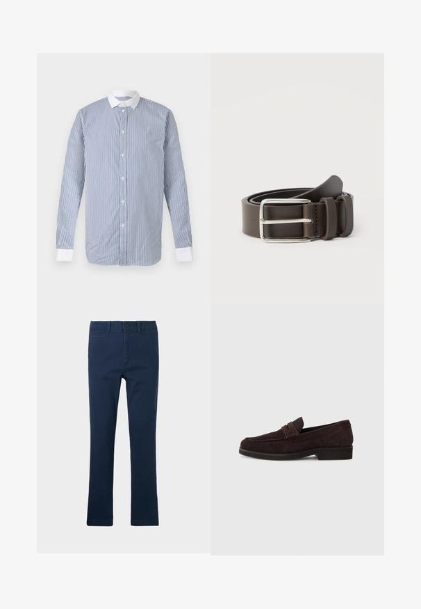 Camisa de manga larga con botones, con rayas verticales azules y blancas, cuello blanco y puños blancos sobre un fondo liso.; Pantalones de algodón azul marino con un diseño de pierna recta, que cuentan con bolsillos frontales, cierre de cremallera y un botón en la parte superior.; Mocasines de ante marrón con un perfil bajo y punta redonda. Presentan una correa decorativa en la parte superior, suela plana de goma y sin costuras visibles.; Cinturón de cuero marrón con una hebilla de metal plateado, con una textura suave y un diseño sencillo. Incluye una trabilla para ajuste y cierre.