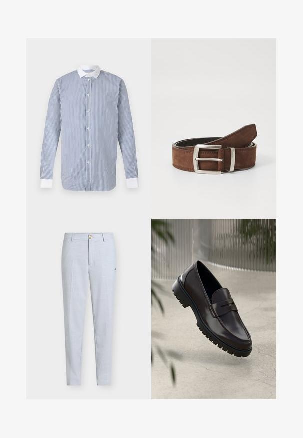 Chemise à manches longues à boutons avec des rayures verticales bleues et blanches, col blanc et poignets blancs sur un fond uni.; Pantalon bleu clair en tissu texturé, présentant une coupe droite, une fermeture à boutons et un petit motif brodé sur le côté.; Mocassins en cuir marron avec une semelle en caoutchouc texturée et striée. Présente un design épuré et une sangle décorative sur le cou-de-pied.; Ceinture en suède marron avec une boucle en métal argenté et des détails de coutures linéaires. La ceinture est plate et a une largeur et une forme classiques.